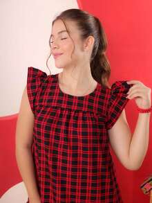 Junior Girl's Checkered Dress For June Festival, Light And Elegant, Flared - 方格/紅/黑 - 查看 3