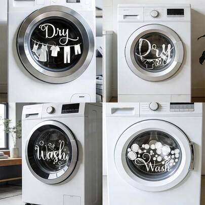 1pc Removable "Wash" "Dry" White Glass Sticker, Modern PVC Floral Pattern Decal, Suitable For Washing Machine Glass, Home Decor