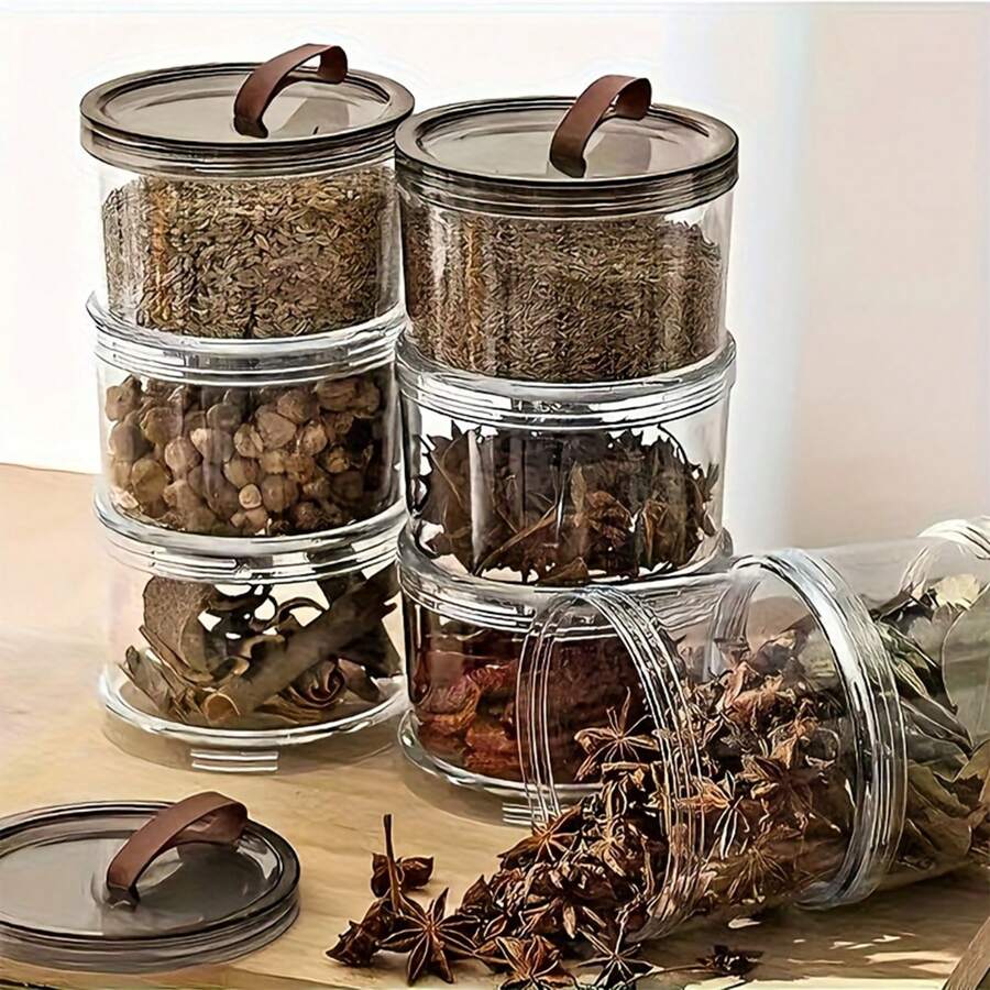 Bote de almacenamiento hermético transparente de 3 capas, caja de especias redonda de mano, contenedor hermético para granos de cocina, condimentos, aperitivos, caja de almacenamiento redonda apilable para encimera, gabinete, refrigerador