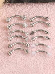 12pcs/Set 16G Stainless Steel Zirconia Curved Barbell Eyebrow Lip Ear Cartilage Piercing Jewelry Set, Suitable For Men And Women - 12-piece Eyebrow Stud Set - View 2