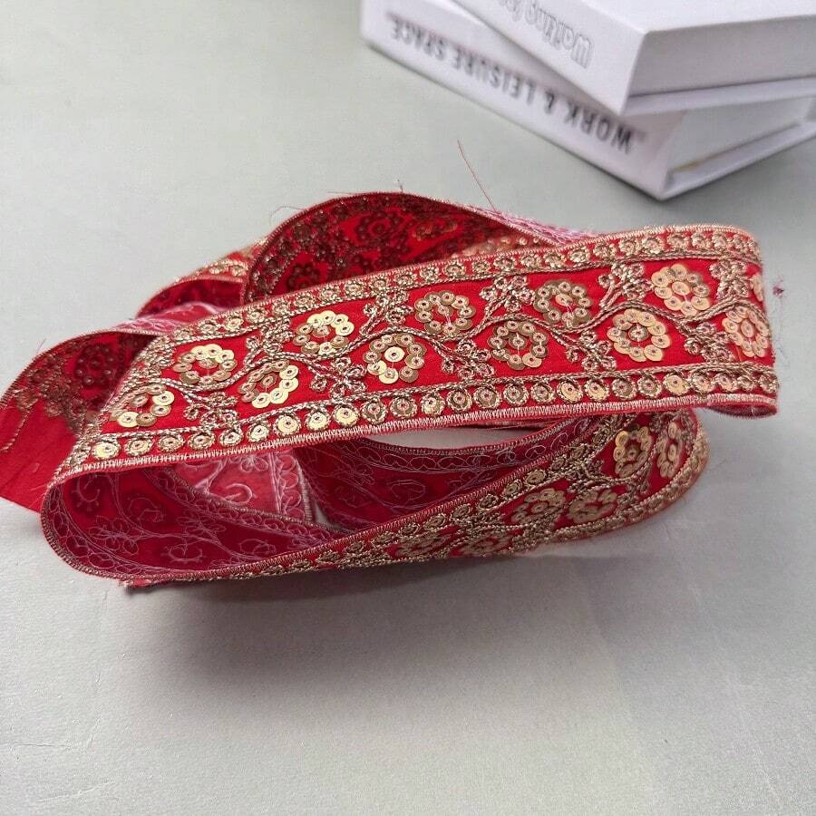 Vintage Gold Thread Embroidery Sequin Lace, Hanfu Lolita Hair Accessory DIY Decoration Material - Red - View 1