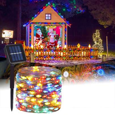 1 cuộn đèn LED năng lượng mặt trời dài 22,97ft (50 đèn LED) / 39,37ft (100 đèn LED) / 72,18ft (200 đèn LED), 8 chế độ màu: Trắng ấm, Trắng, Nhiều màu, thích hợp trang trí sân vườn/sân nhà/cây cối/ngày lễ/tiệc tùng/phòng.