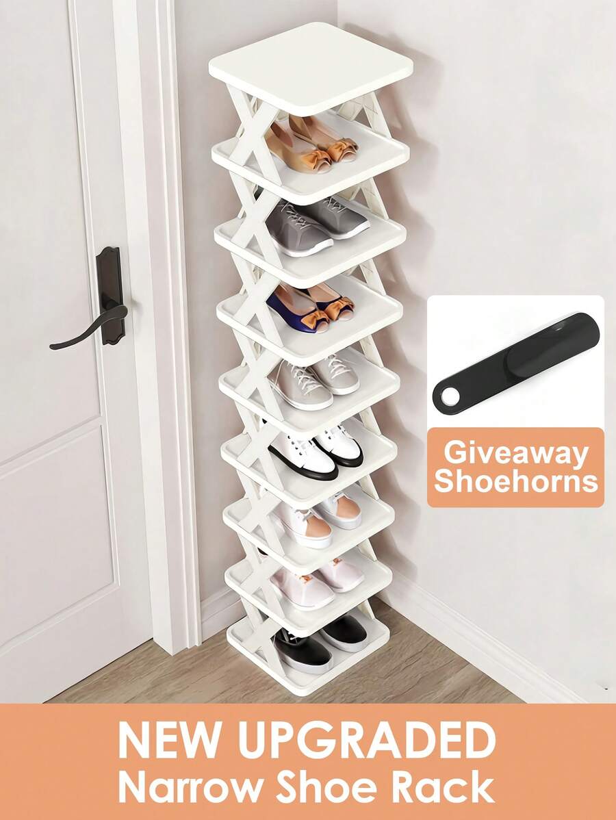 DO DOWIN 9/6 Tier Vertical Shoe Stand Space Saving Narrow Shoe Rack, Small Shoe Shelf, DIY Free Standing Shoes Storage Organizer For Entryway, Closet, Hallway, Easy Assembly And Stable In Structure, Black & White, Plastic Material, Consumables - 白色 - 查看 1