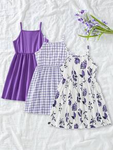 3件套：女童碎花吊带连衣裙 + 纯色纽扣吊带连衣裙 + 格子印花纽扣拼接吊带连衣裙 - 紫色 - 查看 2