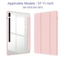 适用于三星 Galaxy Tab S9FE/S9/S8/S7 11 英寸平板电脑的三折翻盖支架保护套，防震防摔，带笔槽，自动休眠/唤醒功能，皮革外壳 + 亚克力背板 - 粉色 - 查看 9