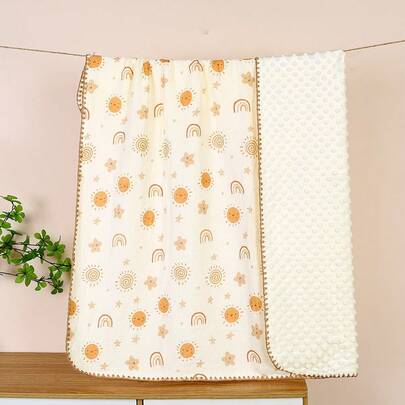 1件装笑脸太阳图案婴儿保暖压花绒毯，婴儿房幼儿毯，成人办公披肩，儿童汽车座椅套，四季皆宜