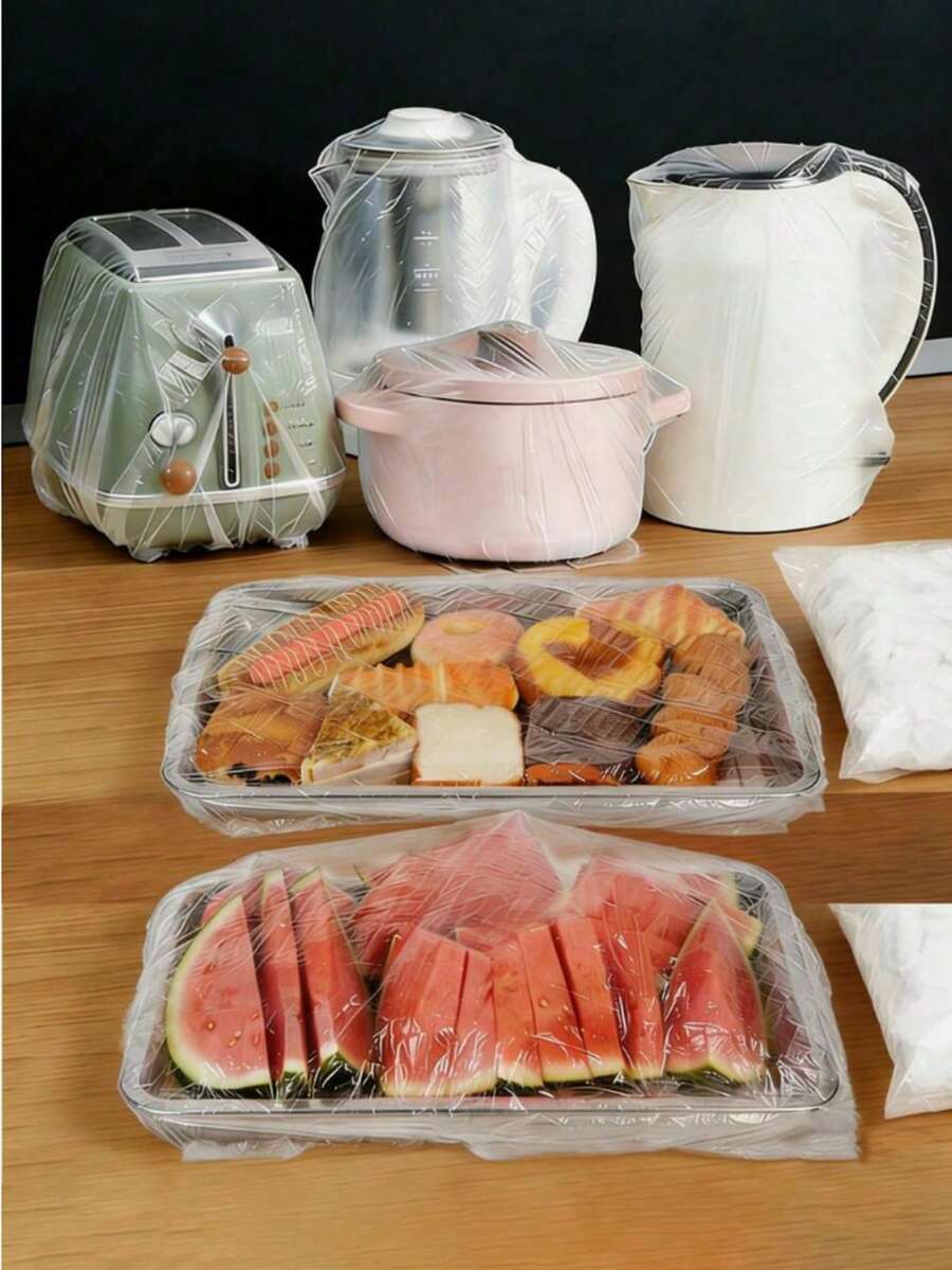 100片装大号透明食品保鲜膜,食品托盘密封盖,厨房食品盖,塑料袋,食品储存袋,面包盖,白色食品盖,塑料包装膜,PE保鲜膜袋,厨房收纳,家用塑料包装 - 彩色 - 查看 1