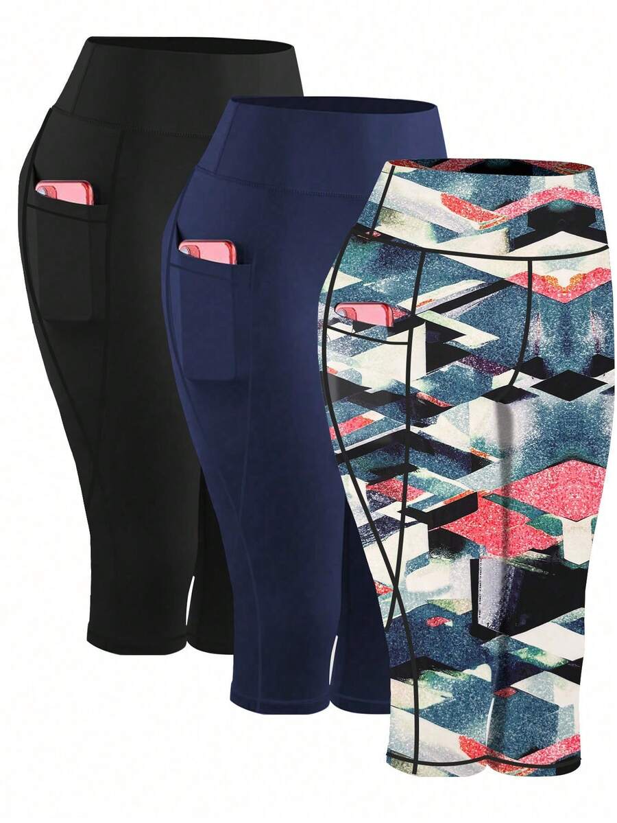 Bộ 3 món quần yoga cỡ lớn có túi, in họa tiết, quần legging tập luyện cạp cao ôm sát giúp thon gọn vóc dáng, quần lửng mùa hè. - Đỏ và trắng - Xem 1