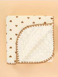 1 pieza Manta de felpa con pompones suave y cómoda con estampado de corazón, para bebé en primavera/verano, manta grande para guardería y niños pequeños, manta para aire acondicionado, chal para oficina de adultos, manta para cochecito - Marrón - Ver 3