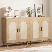 Gabinete de ratán de 2 niveles con patas de madera resistentes, mesa consola moderna para recibidor, pasillo, comedor y sala de estar, mueble decorativo de acento. - Natural - Ver 6