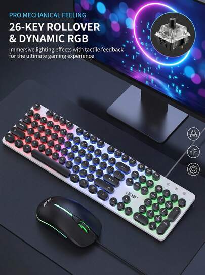 Acer OCC205 Wired Keyboard And Mouse Set - Punk Round Keycap Mechanical Feeling Keyboard And Mouse - Rainbow Breathing Lamp Effect - 26-Key Anti-Ghosting - Suitable For PC/Laptop - Illuminated Version