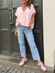 Women's Casual Loose Knit Sweater, Pink, Suitable For Spring, Summer And Autumn. Holiday Edition With Delicate Buttons, V-Neck Cardigan Vest, Minimalist And Versatile - Baby Pink - View 5