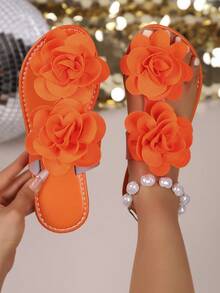 女士时尚平底凉鞋，随机印花PU皮革沙滩鞋 - 橘色 - 查看 1