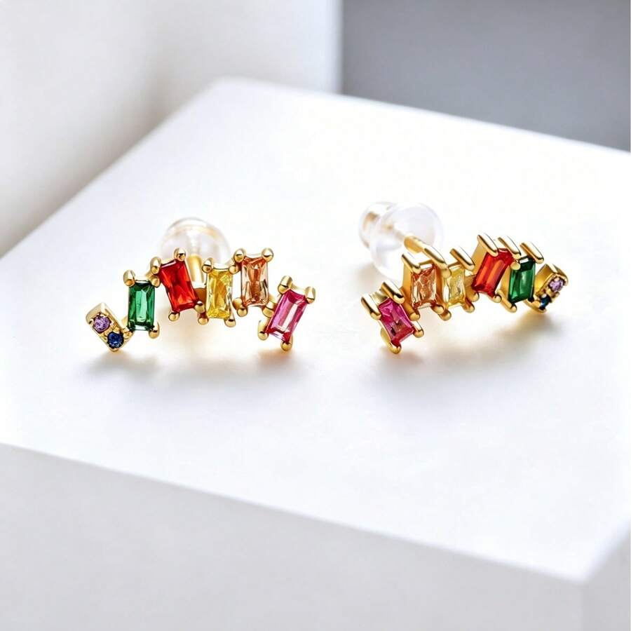 925纯银镀金女士彩虹长方形切割立方氧化锆耳环，适合情人节、夏季派对、海滩度假、音乐节和其他场合佩戴。 - 金色 - 查看 1