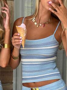 Women's Knit Striped Tank Tops Summer Fashionable Sleeveless Scoop Neck Slim Fit Sweater Camisole For Summer Going Out Beach Vacation - 藍色 - 查看 1