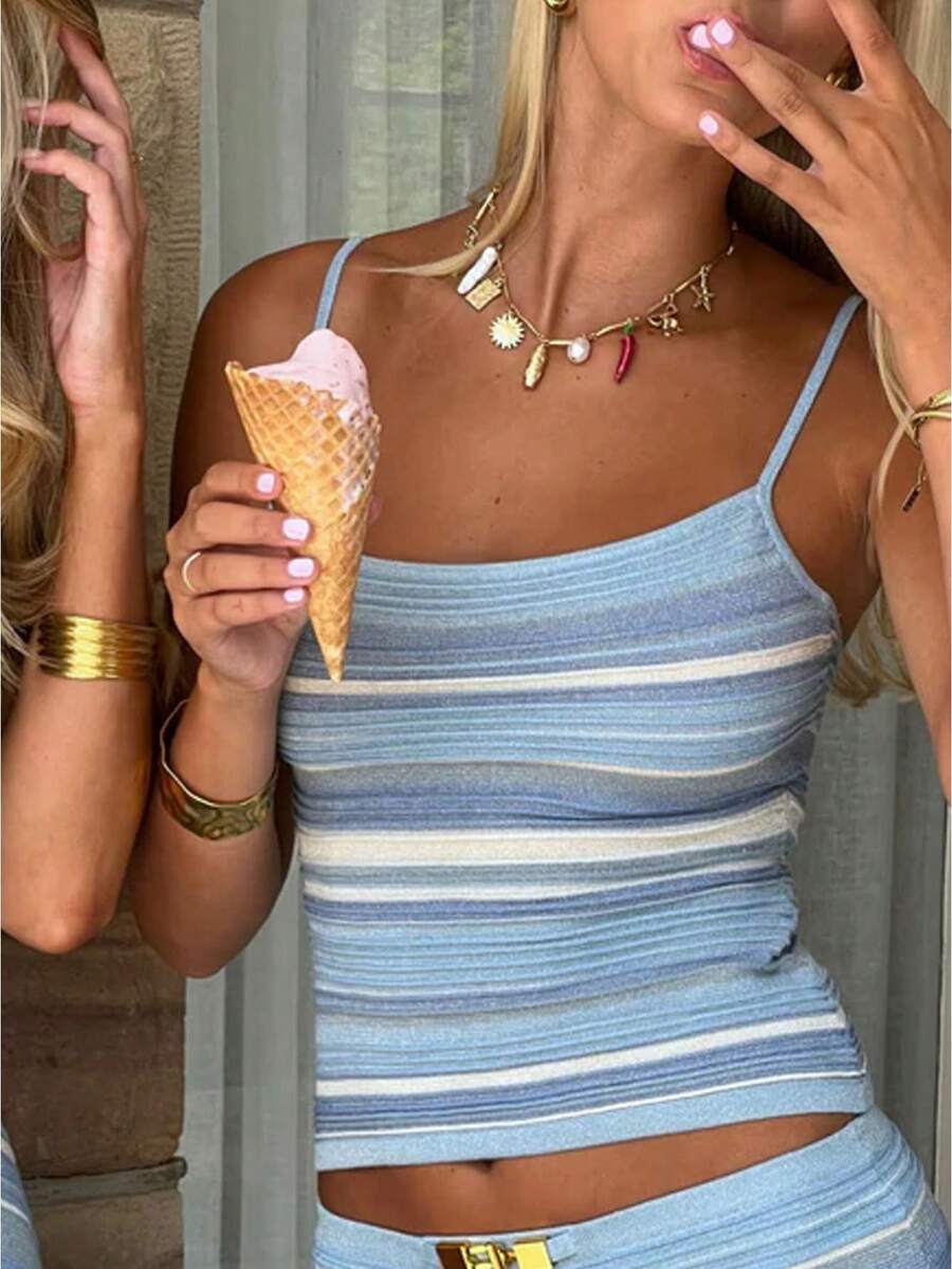 Women's Knit Striped Tank Tops Summer Fashionable Sleeveless Scoop Neck Slim Fit Sweater Camisole For Summer Going Out Beach Vacation - 藍色 - 查看 1