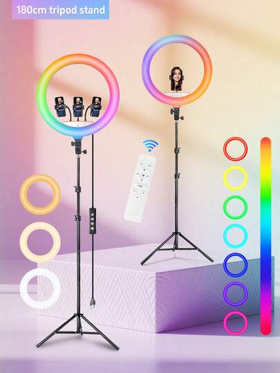 Trípode extra alto de 180 cm | Anillo de luz LED extendido mejorado de 45 cm para fotografía y vídeo, con anillo de luz LED de 45 cm y 3 soportes para teléfono (modo RGB) - Kit de iluminación de estudio profesional para fotografía, retratos, tutoriales de maquillaje, retransmisiones en directo y grabación de vídeo, grabación profesional en directo y fotografía móvil.