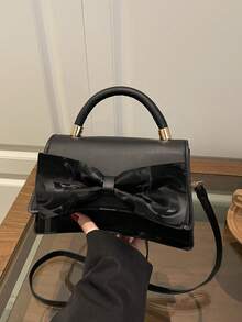 Solid Color Pleated Edge Handbag, Flap Crossbody Bag With Bow Decor For Women - Black - View 10
