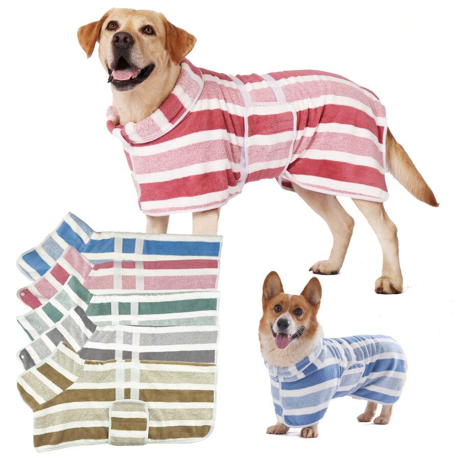 1pc Quick Dry Dog Bathrobe, Striped Dog Towel Bathrobe, Robe, Super Absorbent Pet Bathrobe, Adjustable Waist Belt, Ultra Soft Fabric