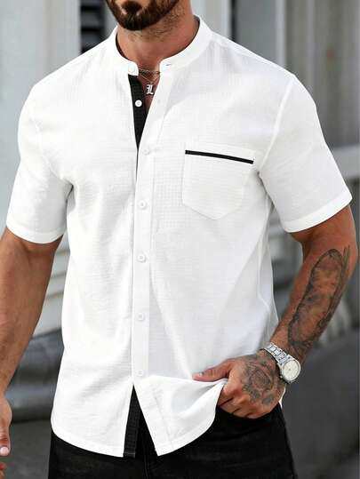 Men's Casual Waffle Fabric Short Sleeve Shirt, Stand Collar Button-Up Shirt With Pockets, Summer Black & White Contrast Patchwork Shirt