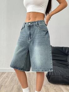 Pantalones cortos vaqueros anchos y sueltos de lavado claro vintage para adolescentes y niñas, ropa casual de calle - Lavado ligero - Ver 4