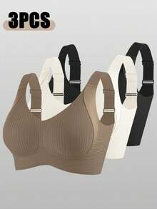 3-Piece PLUS SIZE Seamless Breathable Wireless Sports Bra For Women - Full Coverage Design, Anti-Slip Material, With Lifting And Support Functions, Comfortable To Wear, Ribbed Details, Made Of Nylon And Elastic Fiber Blend, Hand Wash. Elegant Solid Color - 彩色 - 查看 3