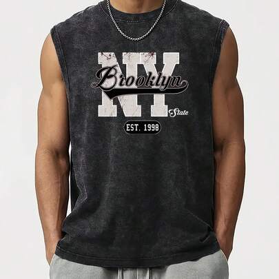 Brooklyn, New York Oversized Men'S Tank Top With Letter Print - A Loose Street Style Print Top Featuring A Striking Design With A Vintage Wash Effect, This Plus-Size Round-Neck Tank Is A Casual Shirt Suitable For Men And Teenagers, Washable Sleeveless Vest For Men Casual Daily Sports Outdoor Use