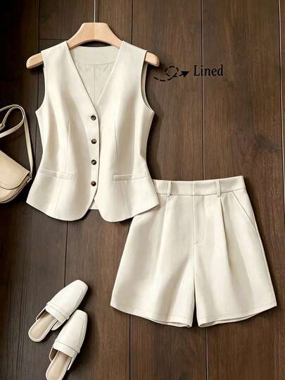 Conjunto de blazer sin mangas de un solo pecho y pantalones cortos de unicolor, ligero y casual para mujer, primavera/verano