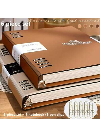 6pcs Set Includes (1 Notebook + 5 Pen Clips) Mocha Mousse Color Series A5/B5 Loose-Leaf Notebook, Detachable Replaceable Coil Notebook. Uses: Diary, Memo, Office Supplies, Office, Home, School. Minimalist Design, Durable
