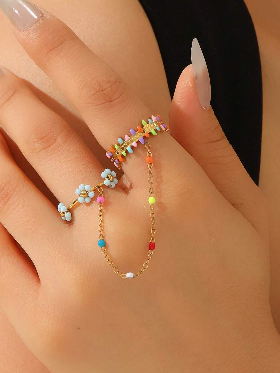 1 pieza Anillo de dedo doble bohemio multicolor con cuentas para mujer, de acero inoxidable chapado en oro, con cadena de flor enlazada, para anillo de dos dedos, joya de primavera y verano para playa y regalo - vistoso - Ver 1