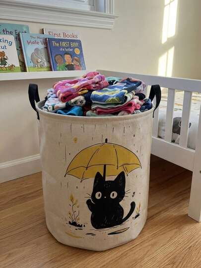 1 chiếc Giỏ đựng đồ tròn gấp gọn dung tích lớn in hình mèo hoạt hình, có tay cầm, đa năng dùng để đựng đồ dùng cho trẻ sơ sinh, tã em bé, quần áo, đồ chơi và phụ kiện.