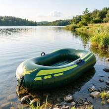1 Bote inflable para 1 persona, Bote de pesca de PVC grueso, Kayak, Bote de asalto portátil, Bote flotante para lago, playa, piscina inflable, Artículos esenciales de playa, Flotador de piscina - Barco inflable de color verde militar - Ver 3