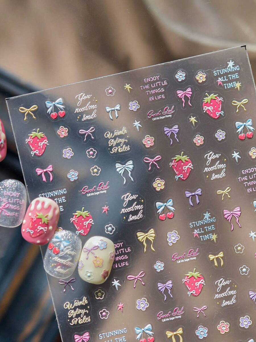 1片5D立体浮雕精致蝴蝶结草莓美甲贴纸甜樱桃迷你花朵彩色花卉贴花简约DIY粘贴式美甲饰品艺术贴纸美甲贴花 - 彩色 - 查看 1