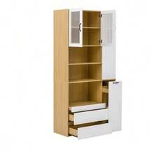 Tall Sideboard With Adjustable Shelves And Drawers, Sideboard With Removable Shelves And Fluted Glass, Ideal For Dining Room, Living Room And Kitchen (White+Natural) - Camel - View 9