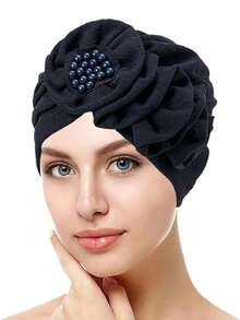 1pc Women's Chemo Head Scarf - Beaded Floral Solid Color Pre-Tied Head Wrap, Suitable For Cancer Patients Sleep Bonnet - 淺灰色 - 查看 6