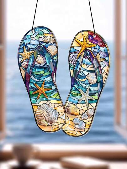 1pc Acrylic Stained Glass Flip Flop Ornament, Colorful Tropical Beach Theme, Vibrant Starfish And Seashells Design, Artistic Summer Wall Hanging Decoration, Unique 2D Print Effect, Perfect For Home, Living Room, Bedroom, Beach House, Or Coastal Decor.