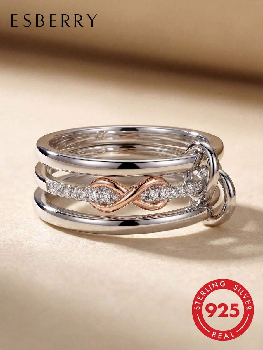 1pc 925 Sterling Silver Smooth Lucky Figure 8 Stackable Ring For Women, Multi-Layer Interlocking Design, Elegant Jewelry Suitable For Party, Daily Wear, Date, Valentine's Day Gift