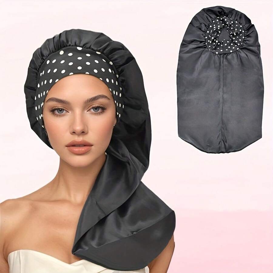 1 Long Satin Sleep Cap, Designed Specifically For Curly Hair, Patterned Long Cap For Dreadlocks And Braids, Used For Hair Protection (Polka Dot Pattern) - Black (NCM85) - View 1