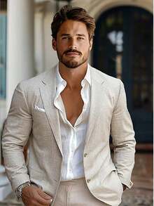 Men's Spring/Autumn Casual Blazer - Single-Breasted, Half-Lined Linen Jacket - Beige - View 2