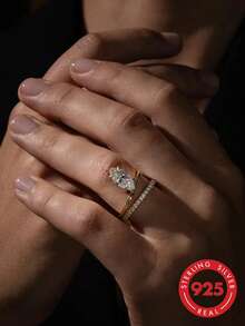 1 pieza Anillo de plata de ley 925 con circonita elegante, modelo para mujer, exquisito y único, perfecto para fiestas y galas, joyería cuidadosamente elaborada, regalo de aniversario para la novia - Ojo de caballo de moda - Ver 2