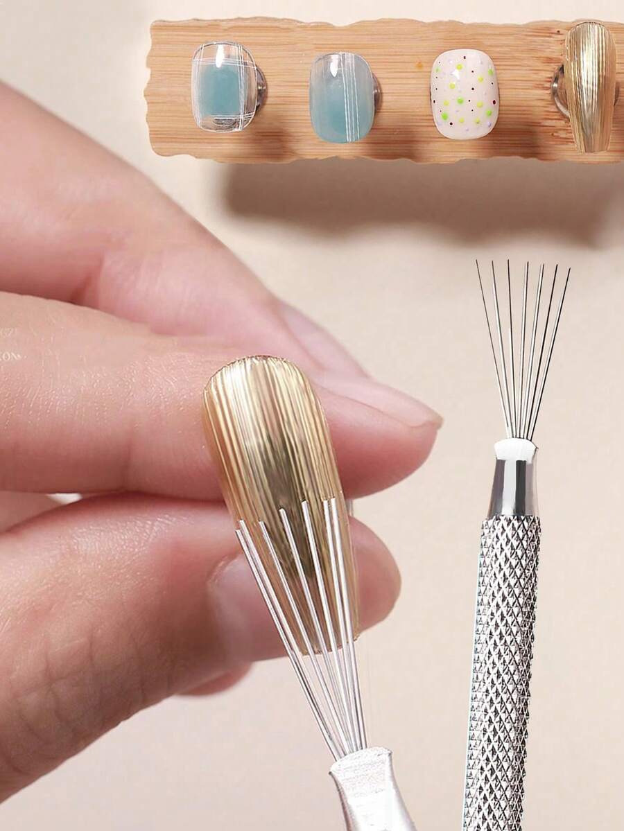 1支金属多功能美甲纹理刷，美甲绘图笔，点彩笔，专业美甲沙龙工具 - 彩色 - 查看 1