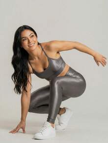Women's Ribbed Fitness Set, Gym Top And Leggings With Glitter. - 灰色 - 查看 4