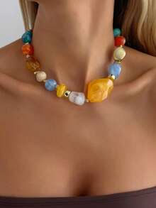 1件复古波西米亚风不对称树脂串珠项链，个性化时尚可调节吊坠项链，适合女性日常佩戴、度假装饰、日常穿搭搭配（珠子的纹理颜色不固定，以实物为准） - 彩色 - 查看 7