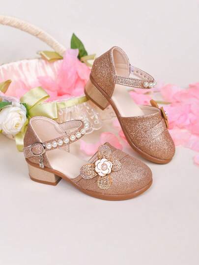1 Pair Girls' Butterfly & Pearl Decor Princess Style Breathable Sandals, Suitable For Summer Performances And Parties