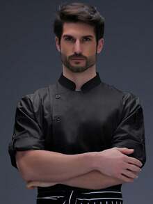 Chaqueta de chef ajustable de manga larga/corta, unisex, transpirable, adecuada para cocina, panadería, restaurante, hotel, todo el año - Negro - Ver 3