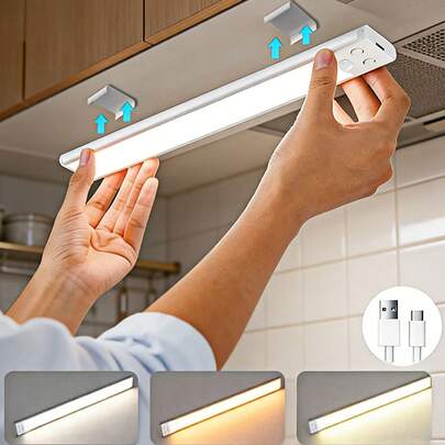 1 ชิ้น ไฟ LED เซ็นเซอร์อัจฉริยะ, 20 ซม./30 ซม./40 ซม./50 ซม., เหมาะสำหรับตกแต่งบ้าน, ไฟตู้/ตู้เสื้อผ้าแบบชาร์จไฟได้ในตัว, ไฟเซ็นเซอร์ตรวจจับความเคลื่อนไหว, 3 สีที่ปรับได้, ใช้ได้สำหรับตู้, ตู้เสื้อผ้า, ไฟส่องสว่างบนเคาน์เตอร์, ไฟกลางคืนในครัวไร้สายพร้อมการชาร์จ USB, ติดตั้งง่ายแบบหนีบโดยไม่ต้องเดินสาย, เหมาะสำหรับตู้, บันได, ไฟส่องสว่างทางเดิน, สามารถใช้เป็นของตกแต่งวันหยุดสำหรับให้แสงสว่างทันที