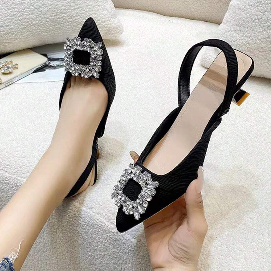 Zapatos de tacón para mujer, estilo <<fairy», con cordones, tacón fino francés, punta afilada y hebilla cuadrada con pedrería, ideales para el verano - Negro - Ver 1