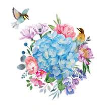 水彩绣球花与鸟图案可移除自粘墙纸，防水防紫外线，适用于阳台、浴室、书房、客厅、卧室 - 多色 - 查看 8