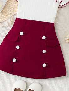BASUSARRI 2pcs/Set Girls' T-Shirt Top And Colorblock Button Decor Skirt, Elegant Academic Style Versatile Fashion - Red - View 6