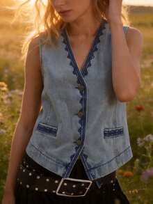 Women's Sleeveless Solid Washed Denim Scalloped Edge Embroidery V Neck Button Front Crop Vest Top, With Pockets Back Buckle Detail 2026 Summer Casual Western Style Blouse - Azul - Ver 6